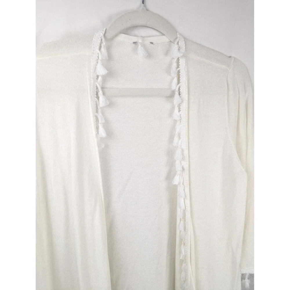 Boho Crochet Lace Tassel Fringe Open Cardigan Size S White Festival Beach Layer - Picture 5 of 9